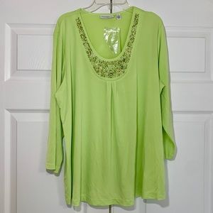 Susan Graver Liquid Knit U-neck Embellished 3/4 Sleeve Top, Mint Green, Lg - NWT